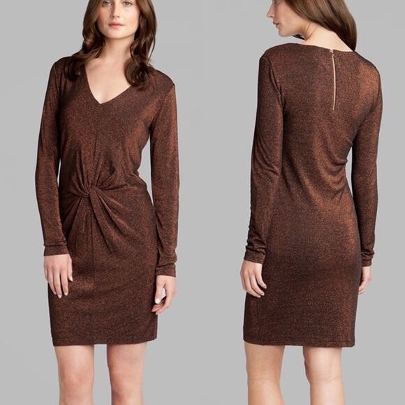 Ted Baker Women's Lizzey Metallic Copper Dress Size 4 Long Sleeve Twist Front - Picture 1 of 7
